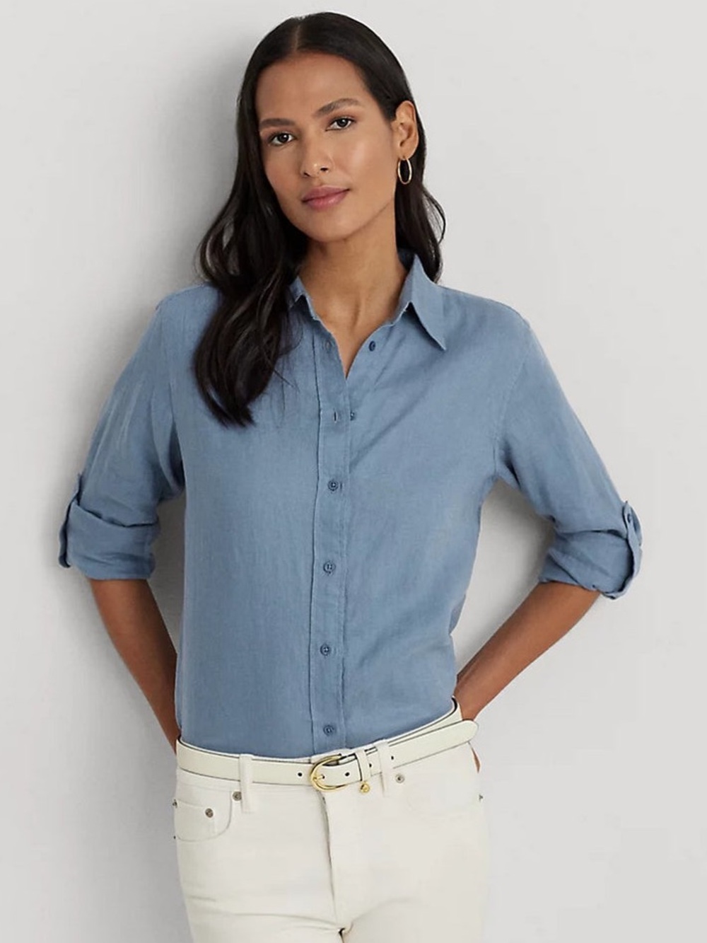 NWT Ralph Lauren Relaxed Fit Linen Roll-Tab Sleeve Shirt in Dusty Blue XS